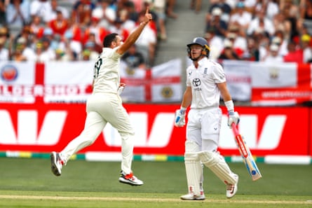 Scott Boland celebrates the wicket of Ollie Pope in Perth as Australia race to a two-day victory in the first Test.