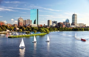 Sailboats on the Charles River with Boston’s Back Bay skyline in the background.