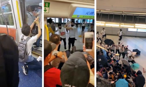 Composite picture taken from multiple video sources showing a group of masked thugs attacking protesters at the Yueng Long train station in Hong Kong on Sunday.
