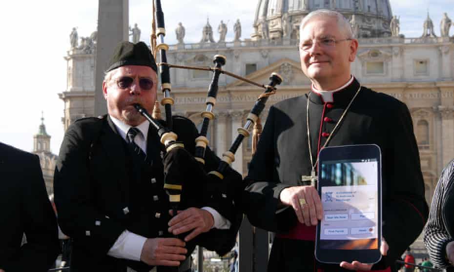 Leo Cushley, archbishop of St Andrews and Edinburgh, launches the Catholic App in Vatican City on Tuesday.