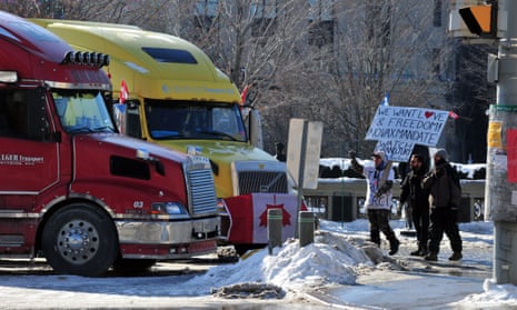 Truckers and protesters gather near Parliament Hill in Ottawa.