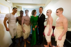 Richard E Grant and Darcey Bussell with swans from Matthew Bourne’s Swan Lake