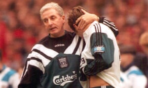 Liverpool Manager Roy Evans consoles Jason McAteer after they lost 1-0 to Manchester United in the 1995/96: FA Cup Final.