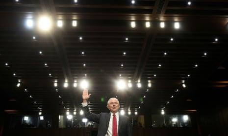 Jeff Sessions is sworn in before testifying before the Senate in Washington DC Tuesday.