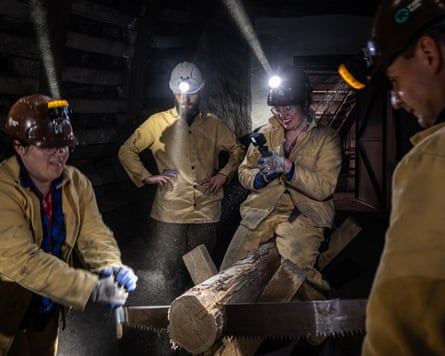 Tourists dressed as miners simulate the work of cutting logs 350 metres underground in the Guido coal mine, founded in 1855 by the wealthy German Guido Henckel and closed in 1960. Today it is a popular museum in Zabrze.