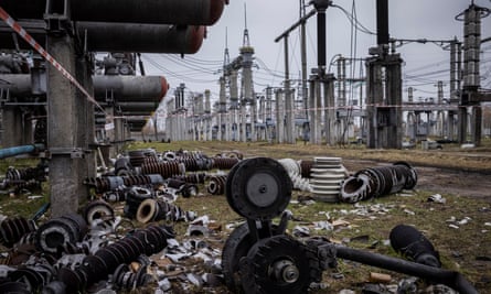 A high voltage substation switchyard partially destroyed after the Ukrenergo power station in central Ukraine was hit by a Russian missile strike in October 2022.