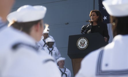 Kamala Harris delivers remarks during her visit to the USS Howard naval ship, at Yokosuka naval base, south of Tokyo.