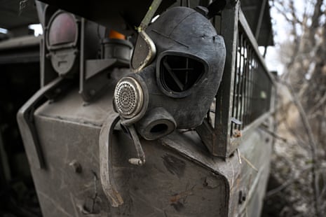 Equipment hanging from a military vehicle in Chasiv Yar.