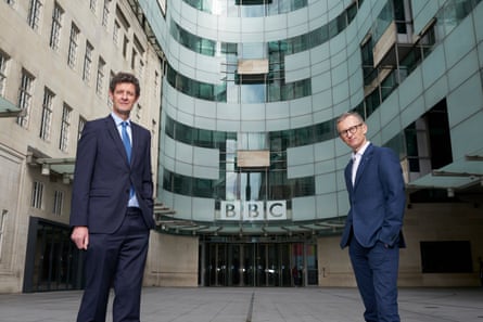 BBC television reporters Hugh Pym and Fergus Walsh at Broadcasting House in London on Friday.