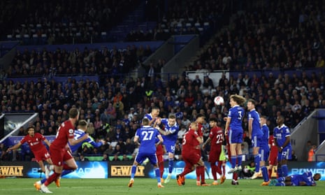 Liverpool's England defender Trent Alexander-Arnold shoots after receiving a pass from a free kick to score his team's third goal during the English Premier League soccer match between Leicester City and Liverpool at the King Power Stadium.