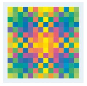 Karl Gerstner (Suiza,. B 1930), <em> policromada de colores puros </ em>, 1956-1958.  tinta de imprenta en los cubos de plexiglás, 1 1/4 x 1 1/4 pulg. (3 × 3 cm).  ea., fijado en un marco de metal cromado, 18 7/8 x 18 7/8 pulg. (48 x 48 cm) ea.  Cortesía del artista.