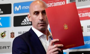 President of the Spanish Football Federation, Luis Rubiales, arrives at the Spain press conference.