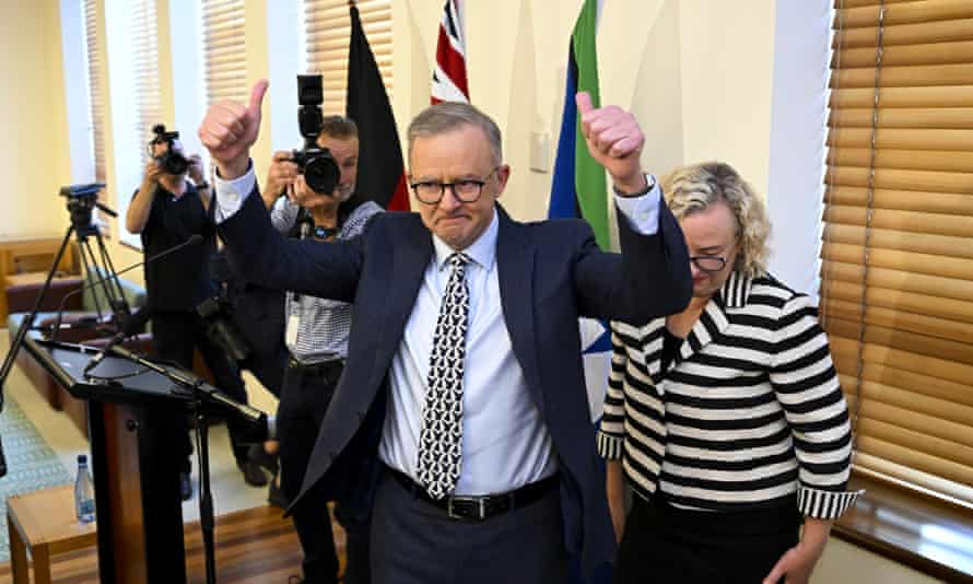 Two thumbs up: new PM Anthony Albanese acknowledges his Labor colleagues.