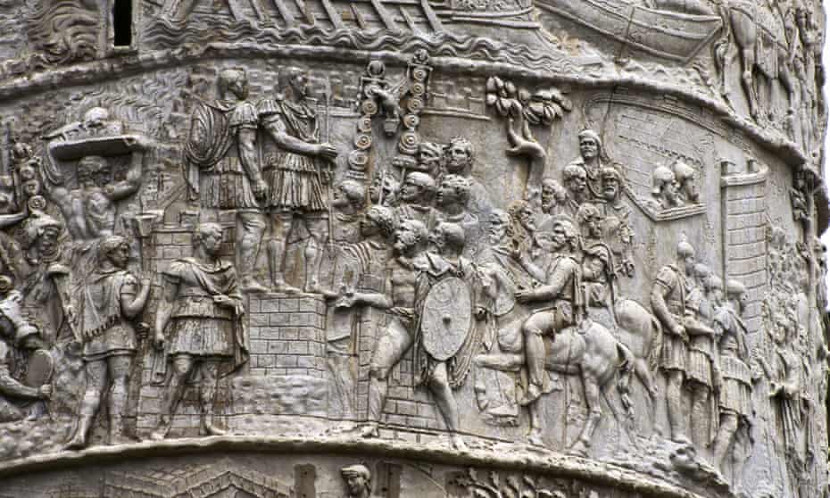 A detail of Trajan's column in Rome, showing the triumph of the emperor after the first campaign against the Dacians. Amanda Claridge suggested that the spiralling frieze was added to an originally plain shaft only after Trajan’s death.