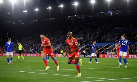 Victor Osimhen celebrates his second goal of the game, which earned Napoli a 2-2 draw at the King Power Stadium.