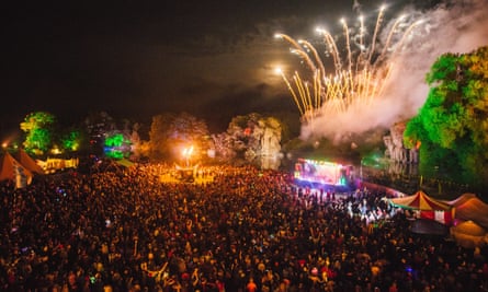Fireworks over a stage, during an event performance at the Shambala festival in Northamptonshire, UK.
