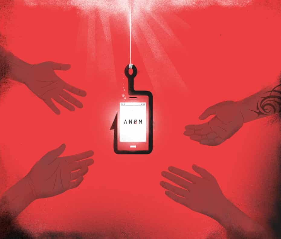Illustration of a phone as bait on a fishing hook, with hands reaching out to grab it