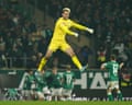 Mio Backhaus of Werder Bremen celebrates a goal.