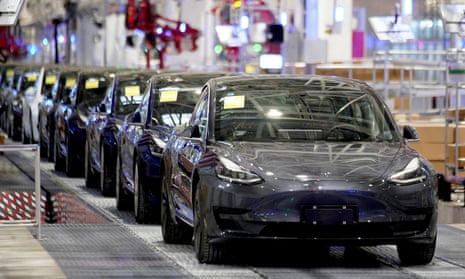 Tesla Model 3 cars at its factory in Shanghai, China.