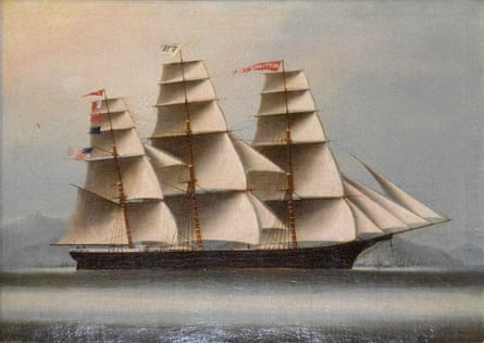 A painting of a three-masted clipper with four jib sails