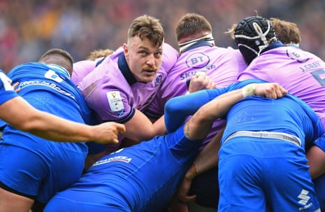 Man-of-the-match, Scotland number 8 Jack Dempsey (centre left) in the maul.