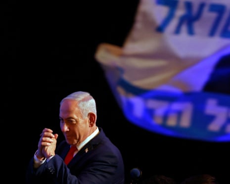 Benjamin Netanyahu gesturing to supporters on election night. He has run Israel for 19 of the past 30 years