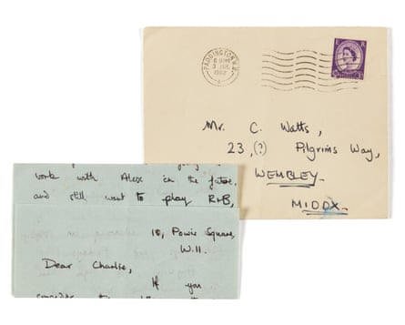 Envelope with address and stamp and letter to Charlies Watts from Brian Jones