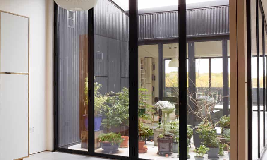 Glass walls overlook the internal garden.