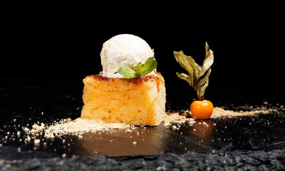 Close up image of a sponge cake and ice-cream dessert from La Fabrica restaurant, Burgos, Spain.