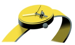 Illustration of man sitting on the hands of a huge watch