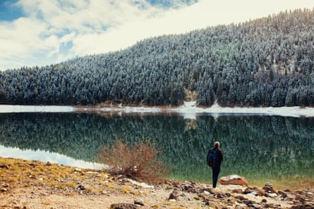 Winter lake with pine forest reflected in the water.