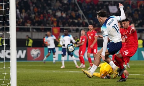 England's Jack Grealish scores, before the goal is ruled out by VAR for offside.