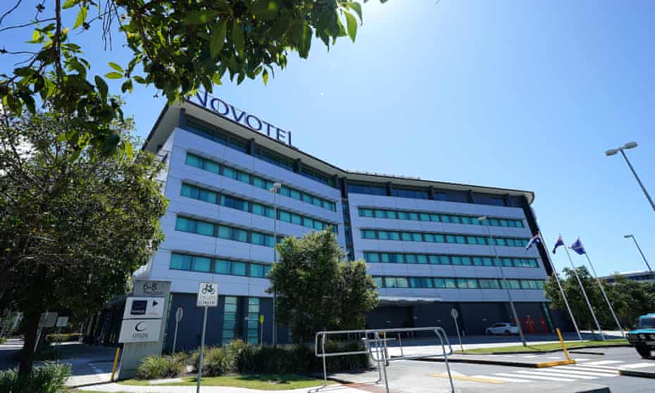 The Novotel airport quarantine hotel in Brisbane where a Northern Territory mineworker on a stopover caught Covid while staying on the fifth floor. Experts are examining whether the layout of the floor causes air to become trapped at one end of the corridor, placing occupants at greater risk if Covid is present.