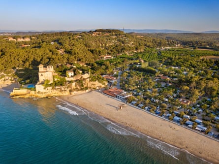 Aerial view of Tamarit Castle next to Altafulla beach, Tarragona, Spain.