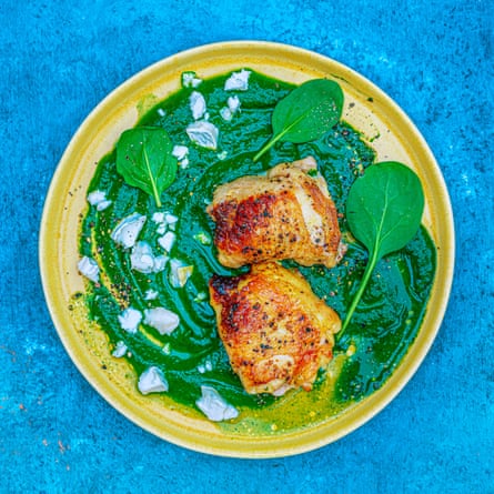 Anna Haugh’s crispy chicken thighs, spinach and goat’s cheese.