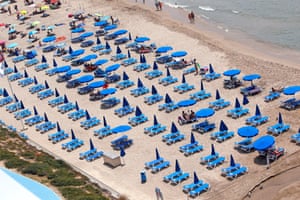 A view of the Poniente beach mostly empty of people during a sunny day in Benidorm, eastern Spain, on 29 July 2020.