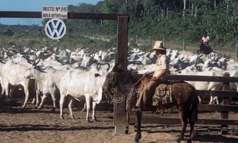 A man on horseback with a herd of cattle on a gate with the VW logo in 1978.