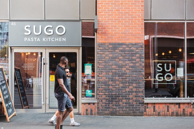 Exterior of Sugo Pasta Kitchen, Manchester, with two young men walking past
