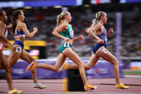 Britain’s Keely Hodgkinson competing on the track in Tokyo, pursued by three rivals.