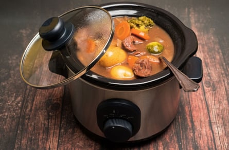 Beef casserole in a slow cooker.
