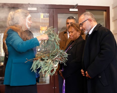 Solomon Islands Prime Minister Matthew Wale (R) attends a Welcome to Country ceremony in Canberra.