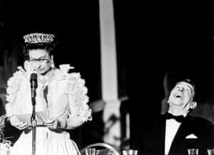Ronald Reagan laughs as the Queen gives a speech in Los Angeles in 1983
