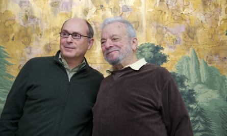 Stephen Sondheim (right) with author of Into the Woods James Lapine at a press conference in New York for the film adaptation in 2014.