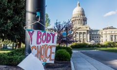 A sign reading ‘My body, my choice’ is taped to a hanger