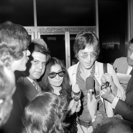 Lennon and Ono speak to the press on their arrival at New York’s Kennedy Airport, 1 June 1971.