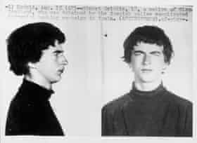 Mug shot of Stuart Christie at age 18 in a turtleneck sweater in profile and another facing the camera