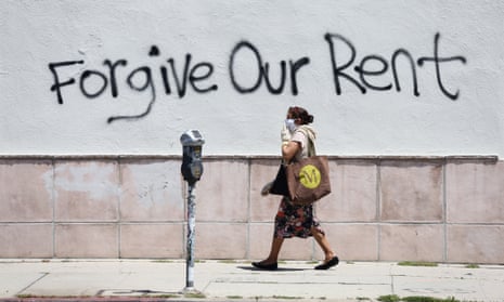 Graffiti supporting a rent strike is seen on La Brea Ave in Los Angeles, California, on 1 May. 