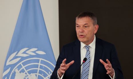 United Nations Relief and Works Agency for Palestine Refugees (UNRWA) Commissioner-General Philippe Lazzarini speaks to the media in Cairo.