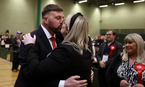 Blackpool South’s winning Labour candidate Chris Webb kisses his wife Portia.