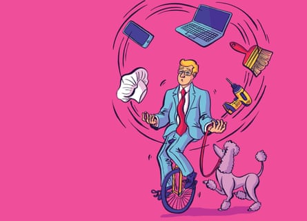 Illustration by Dom McKenzie of a man on a unicycle juggling jobs